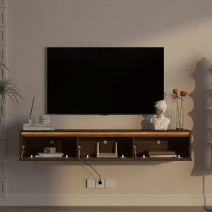 English Elm Floating Wall Mounted Tv Shelf with Led Lighting Power Outlets Gloss White Media Storage W1321P351884