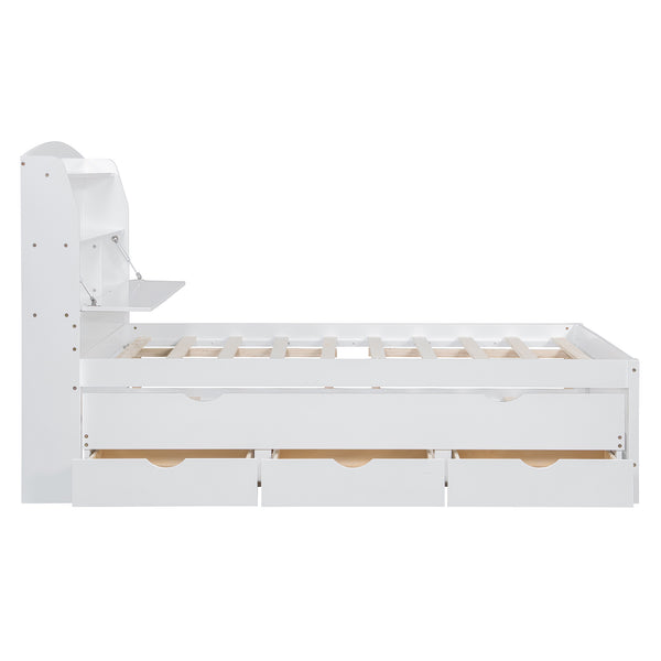 English Elm Full Size Wooden Led Platform Bed With Trundle, Storage Headboard, Usb Ports, And Drawers In White N820S10009K