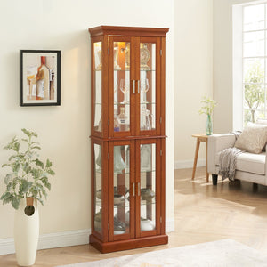 English Elm Curio Display Cabinet with Internal Lighting, Mirrored Back, 6 Adjustable Shelves, Glass Doors Walnut W1693P154578
