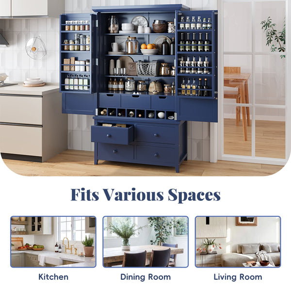 English Elm Topmax Freestanding Pine Wood Kitchen Pantry Cabinet with Wine Rack Blue SP000070AAC