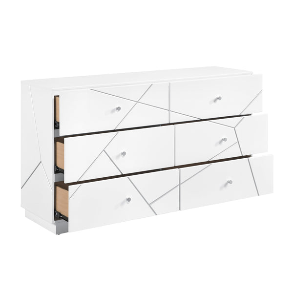 English Elm Glamorous Six Drawer White Dresser Etched Geometric Front Chrome Knobs Bedroom B011P429134