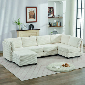English Elm Corduroy Plush U-Shaped Sectional Sofa with Storage Ottoman, Pet-Friendly Durable Modular Comfort Beige W2915S00062
