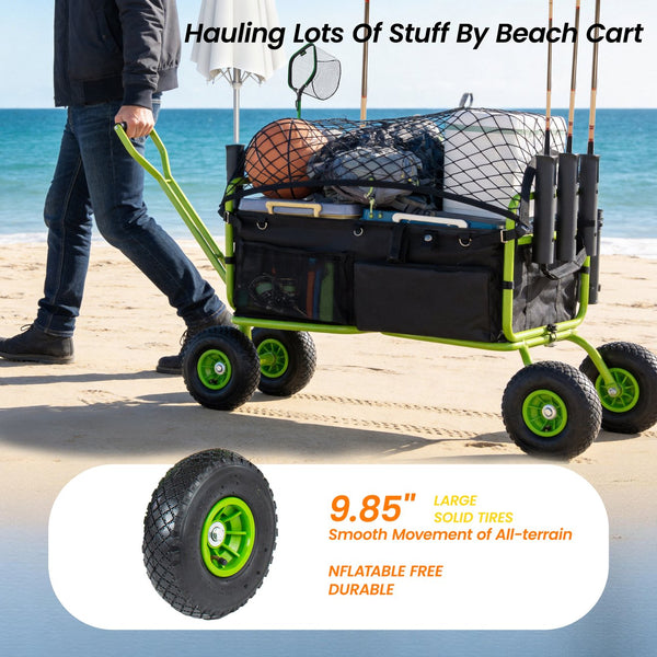 English Elm Fishing Beach Cart Collapsible Heavy Duty Wagon with All Terrain Wheels Rod Holders Green W2932P417637