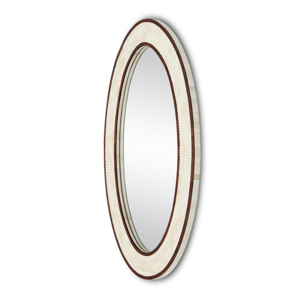 Andar Oval Mirror - Elegant Dark Walnut & Ivory Decorative Mirror with Unique Ribbed Bone Frame