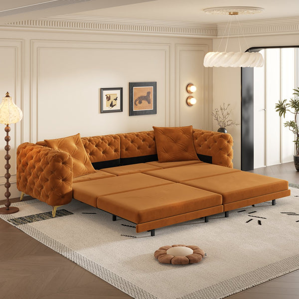 English Elm 97.6" Oversized Velvet Chesterfield Sleeper Sofa Floral Tufted Roll Arm Living Room Couch Orange W1885S00299