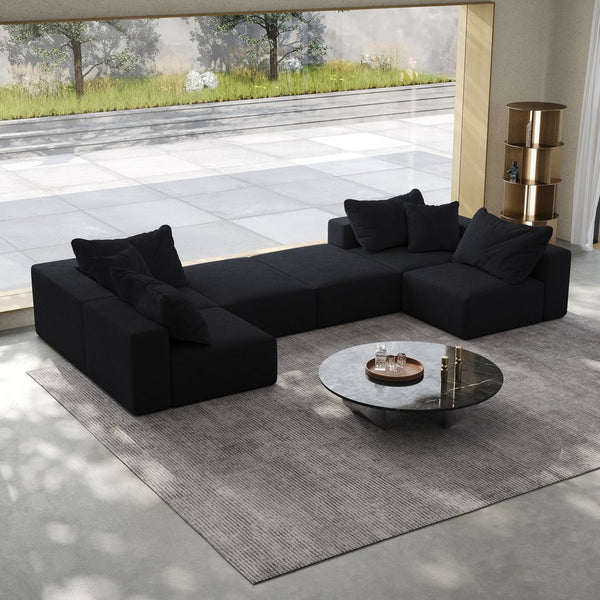 English Elm Oversized sponge cloud sofa modular 162" L-shaped sectional with chenille upholstery and 6 pillows, no-assembly comfort Black W834S00390