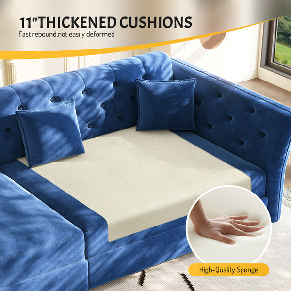 English Elm 100" Oversized Velvet Sleeper Sofa with Floral Tufted Cushions for Living Room Blue W1885S00303