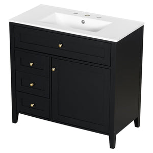 English Elm 36-Inch Black Bathroom Vanity With Sink – Modern Design, 3 Drawers, Adjustable Shelf For Storage N725P350821B