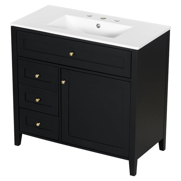 English Elm 36-Inch Black Bathroom Vanity With Sink – Modern Design, 3 Drawers, Adjustable Shelf For Storage N725P350821B