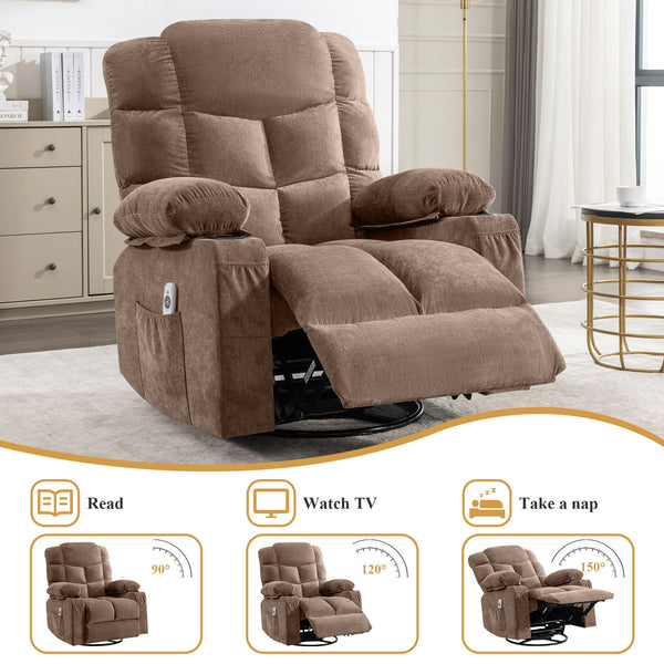 English Elm Oversized Swivel Recliner with Massage Heating Linen Upholstery and Usb Port Brown W1521P411662
