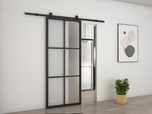 English Elm 30 in Matte Black Steel Sliding Barn Door Frosted Glass Privacy Panel with Hardware B2763P483217