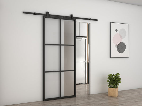 English Elm 30 in Matte Black Steel Sliding Barn Door Frosted Glass Privacy Panel with Hardware B2763P483217
