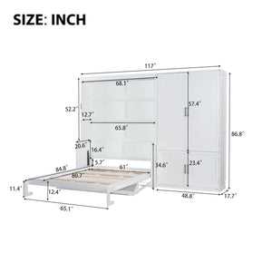 English Elm Queen Murphy Bed with Wardrobe Cabinet Hydraulic Lift Mdf Space Saving Wall Unit White LP000581AAK-1