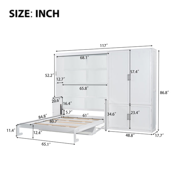 English Elm Queen Murphy Bed with Wardrobe Cabinet Hydraulic Lift Mdf Space Saving Wall Unit White LP000581AAK-1