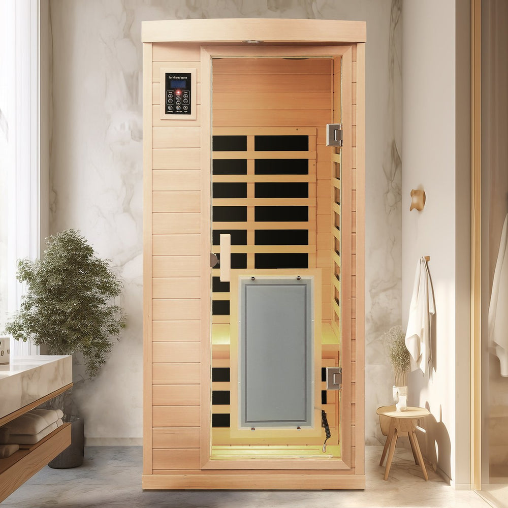 English Elm Low Emf Indoor Hemlock Sauna For One - Soothing Far-Infrared Heat, Bluetooth Audio & Modern Design W1149S00008