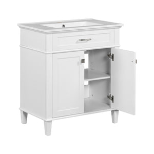 English Elm 30-inch bathroom vanity with ceramic basin, solid wood frame, soft-close doors and adjustable shelves for organized style and lasting durability White N729P173380K