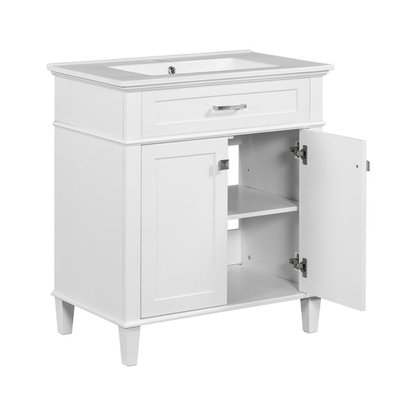 English Elm 30-inch bathroom vanity with ceramic basin, solid wood frame, soft-close doors and adjustable shelves for organized style and lasting durability White N729P173380K