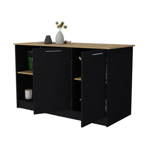 English Elm Mercury Kitchen Island with 59" Spacious Countertop, Dual Cabinets & Open Shelves — Modern Storage B128S00036