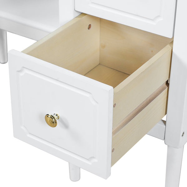 English Elm Antique Glam Vanity Desk with Triple Mirror, Stool & 6 Drawers, Full‑Length Mirror, White Elegance N844P285297A