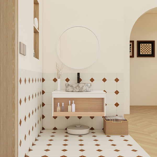English Elm 30" Floating Wall Mount Bathroom Vanity Open Shelf Ceramic Vessel Sink Modern White Grey+White,White + Light Oak W3450S00059