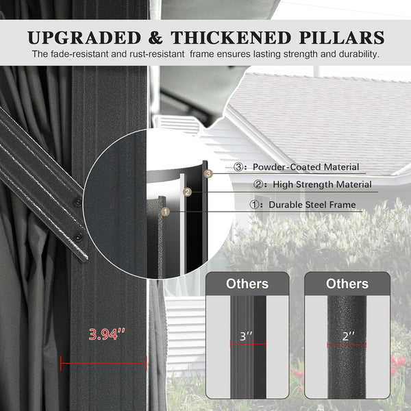 English Elm 10'x13' Outdoor Gazebo Steel Frame Double Roof Patio Shelter with Netting and Curtains Gray W1859P426721