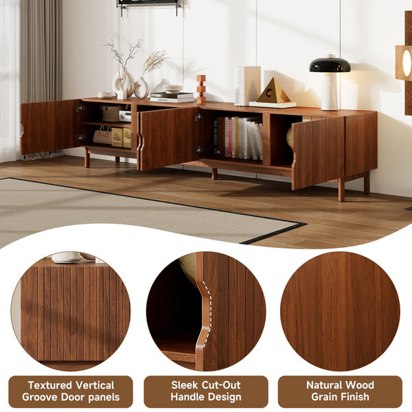 English Elm 87- Inch Rattan Media Console with Rubberwood Legs Four Cabinets Living Room N710P407809P