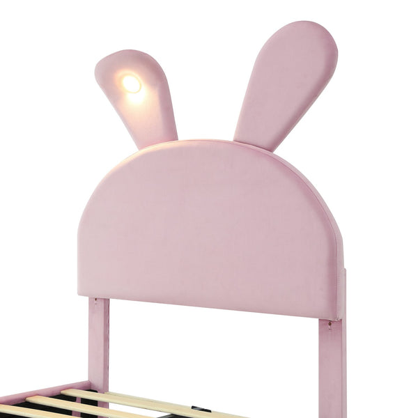 English Elm Twin Upholstered Platform Bed with Cute Cartoon Ears Headboard, LED Light, Adjustable Height, Pink WF321677AAH