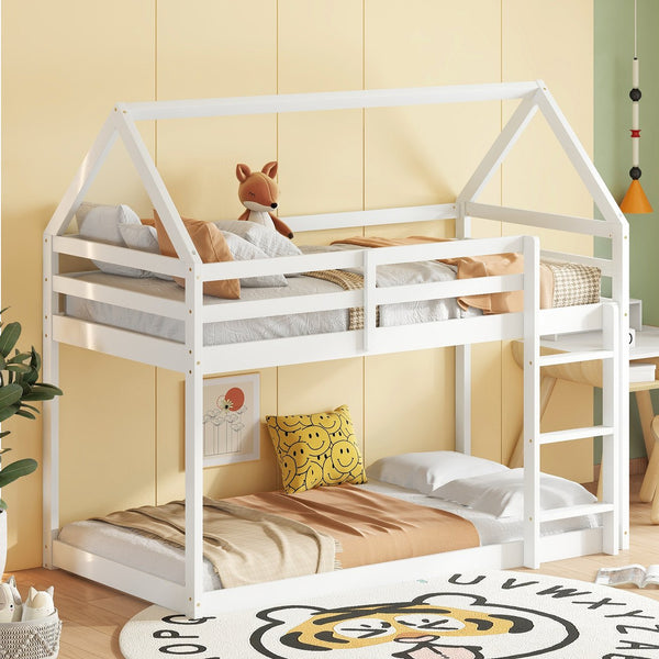 English Elm Twin Rubber Wood Floor Bunk Bed House-Shaped Design with Ladder Guardrails Sturdy Low-Profile Retreat White W504P206864