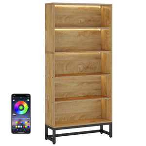 English Elm Storage Bookshelf with Vine Panel Design Seven Open Tiers for Living Room or Office T3971P462633