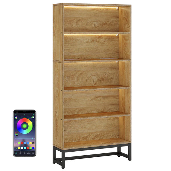 English Elm Storage Bookshelf with Vine Panel Design Seven Open Tiers for Living Room or Office T3971P462633