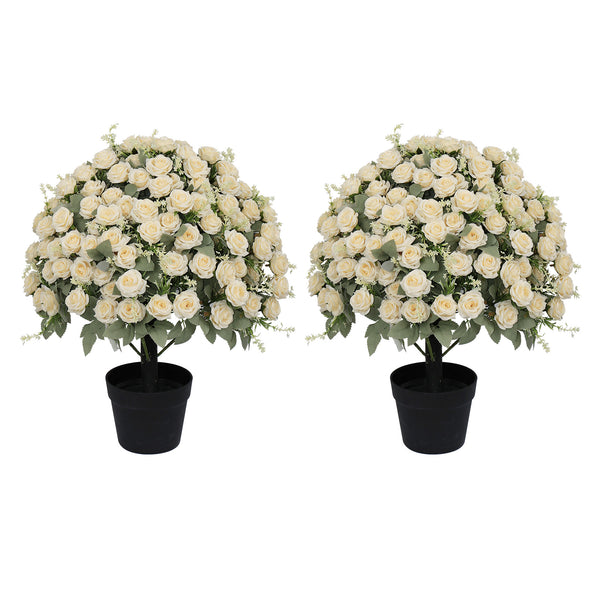 English Elm 24-inch Faux Rose Arrangement Uv Resistant Silk Blooms Set of Two Cement Potted Decor White+Green W2945P458423