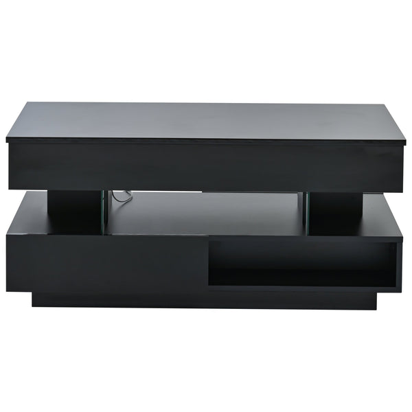 English Elm 39.3" Lift Top Coffee Table with Hidden Storage, 2 Drawers, Adjustable LED Ambience Lights and Durable Lift Mechanism Black W3871P368907