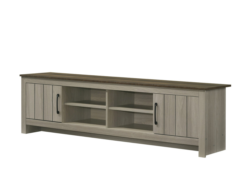 English Elm Tropea 58 Inch Open Shelf Media Console with Oak Finish and Cord Management B2749P413255
