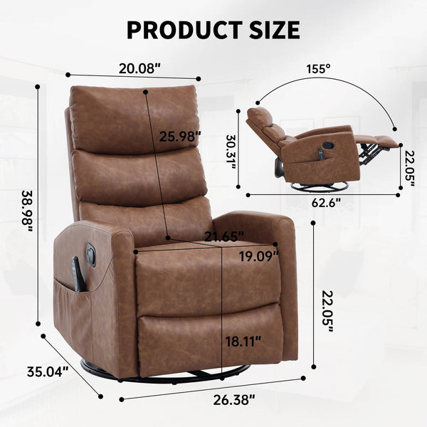 English Elm Heat Massage Rocker Recliner Swivel Chair with Lumbar Warmth in Soft Fabric W3224P357577