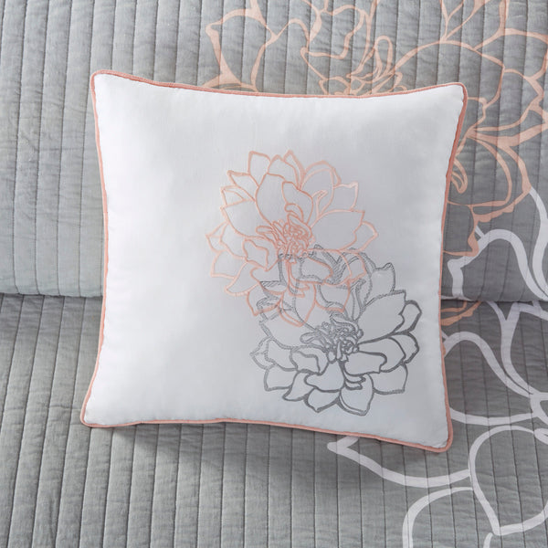 English Elm 6 Piece Madison Park Lola Reversible Cotton Quilt Set Full/Queen Grey Peach Floral OEKO-TEX Certified Elegance B03597570