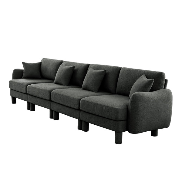 English Elm Boucle 4-Seater Sofa Couch With Sculptural Shell Armrests & Soft Dark Grey Fabric For Elegant Comfort W3041S00303