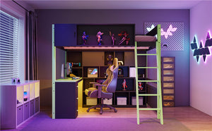 English Elm Full Size Gaming Loft Bed with Led Lighting Desk Drawers and Display Shelving Green LT000263AAF
