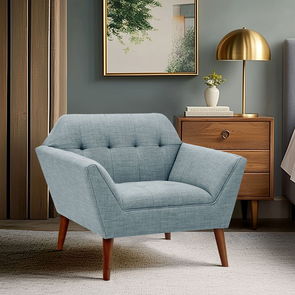 JLA Home INK+IVY - Wide Sculptural Mid-Century Lounge Chair with Hand-Tufted Detail, Durable Woven Upholstery, Solid Wood Legs Light Blue II100-0382