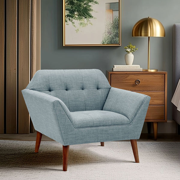 JLA Home INK+IVY - Wide Sculptural Mid-Century Lounge Chair with Hand-Tufted Detail, Durable Woven Upholstery, Solid Wood Legs Light Blue II100-0382
