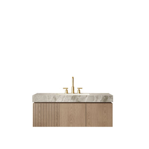 English Elm Muri Floating Bathroom Vanity Plywood Cabinet Sintered Stone Top Woodgrain Finish W2615S00600