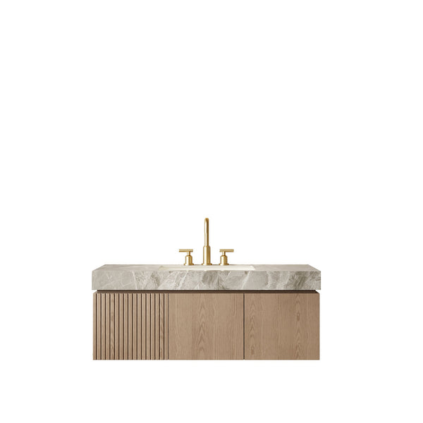 English Elm Muri Floating Bathroom Vanity Plywood Cabinet Sintered Stone Top Woodgrain Finish W2615S00600