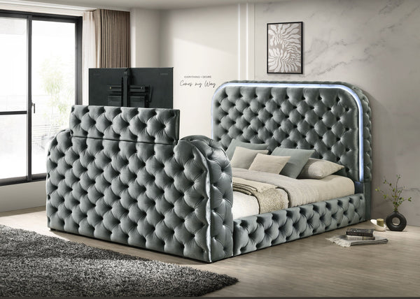English Elm Kana Plush Upholstery Velvet Eastern King Bed with LED Headboard, Fireplace Footboard & TV Lift Stand Gray 86.7 L x 12.6 W x 9.5 H B2726S00456