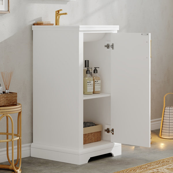 English Elm 16-inch French Bathroom Vanity with Ceramic Undermount Sink, Soft-Close Door, Vintage Carvings, White N710P330979K