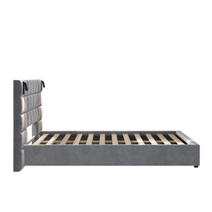 English Elm Queen Velvet Platform Bed Wide Headboard Built in Sconces Usb Ports Modern Bedroom N757Q200046G-1