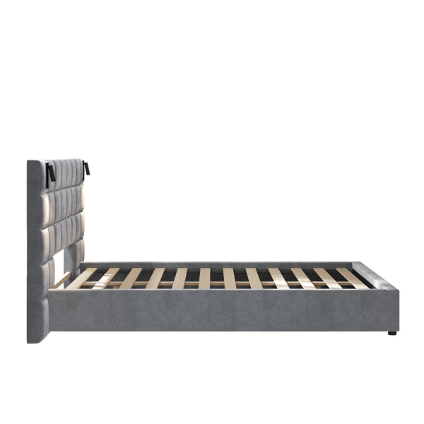 English Elm Queen Velvet Platform Bed Wide Headboard Built in Sconces Usb Ports Modern Bedroom N757Q200046G-1