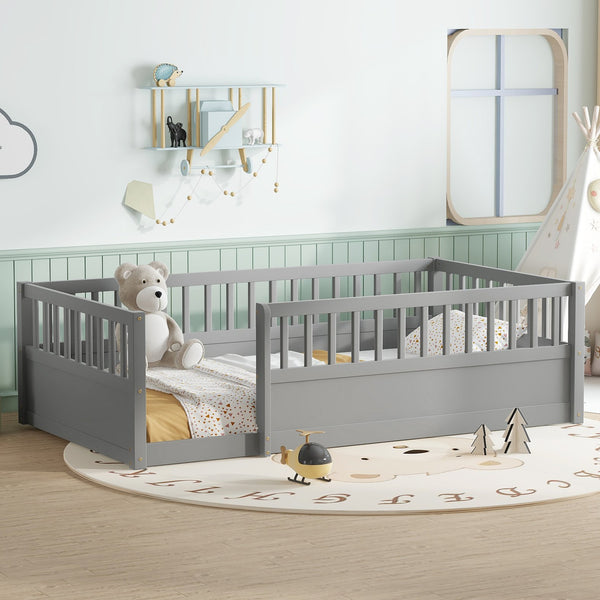 English Elm Twin Montessori Floor Bed Frame for Kids – Pine Playroom Bed with Fence for Reading & Imaginative Play Gray W1580P307881