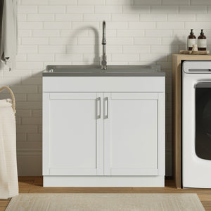 English Elm Hennessy Shaker Cabinet Utility Sink Stainless Steel Basin Laundry Room Setup B136P427216