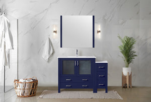 English Elm Navy Blue Single Bath Vanity Set With White Ceramic Top, Side Cabinet, Mirror & Faucet - 48" W B2731S01368