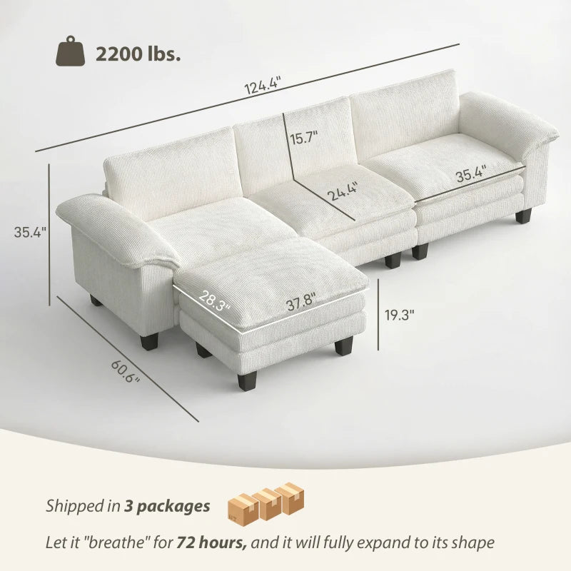 English Elm Luxury Corduroy Sectional Sofa with Reversible Ottoman Deep Seat Family Living Room Beige T3971S00106