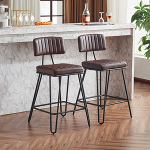 English Elm Industrial Bar Stools Set of 2 — Counter Height PU Leather Seats, Sturdy Metal Frame, Ergonomic Backrest and Footrest for Kitchen Island and Home Bar Brown W1901P264279
